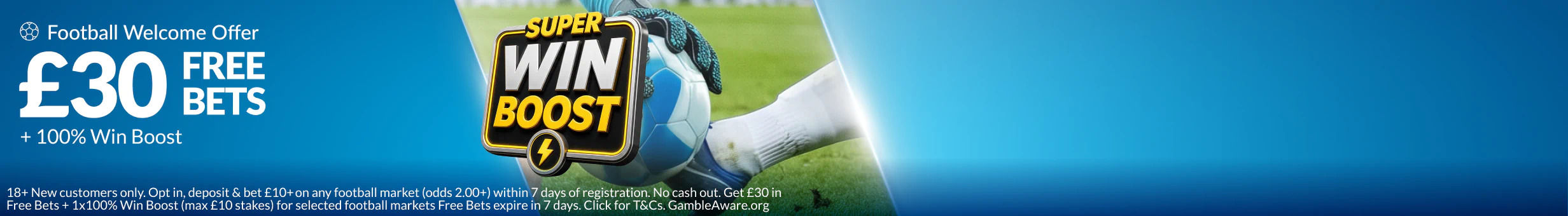 Bet £10 on Football, Get £30 in Football Free Bets Banner + 100% Win Boost