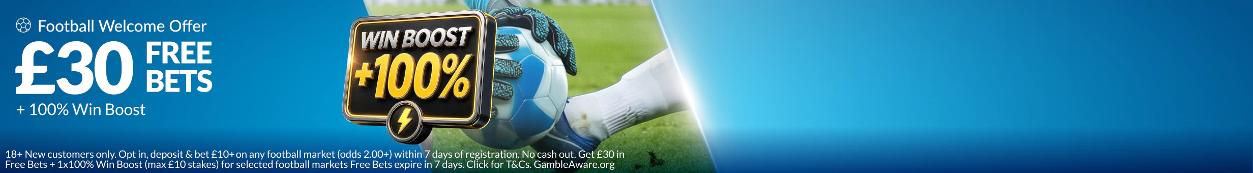 Bet £10 on Football, Get £30 in Football Free Bets Banner + 100% Win Boost