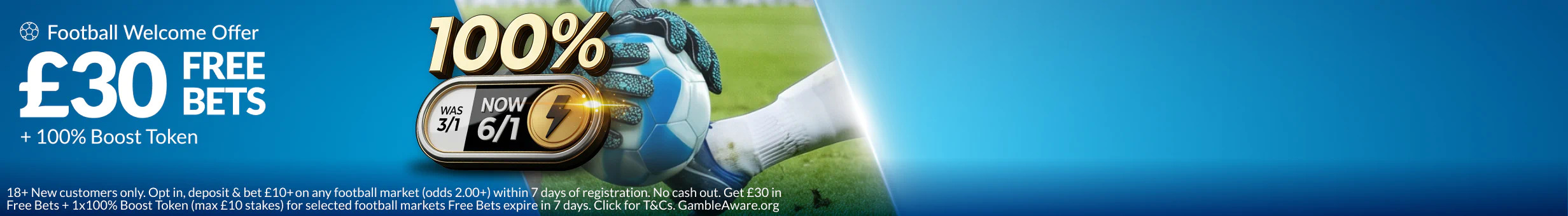 Bet £10 on Football, Get £30 in Football Free Bets Banner + 100% Win Boost